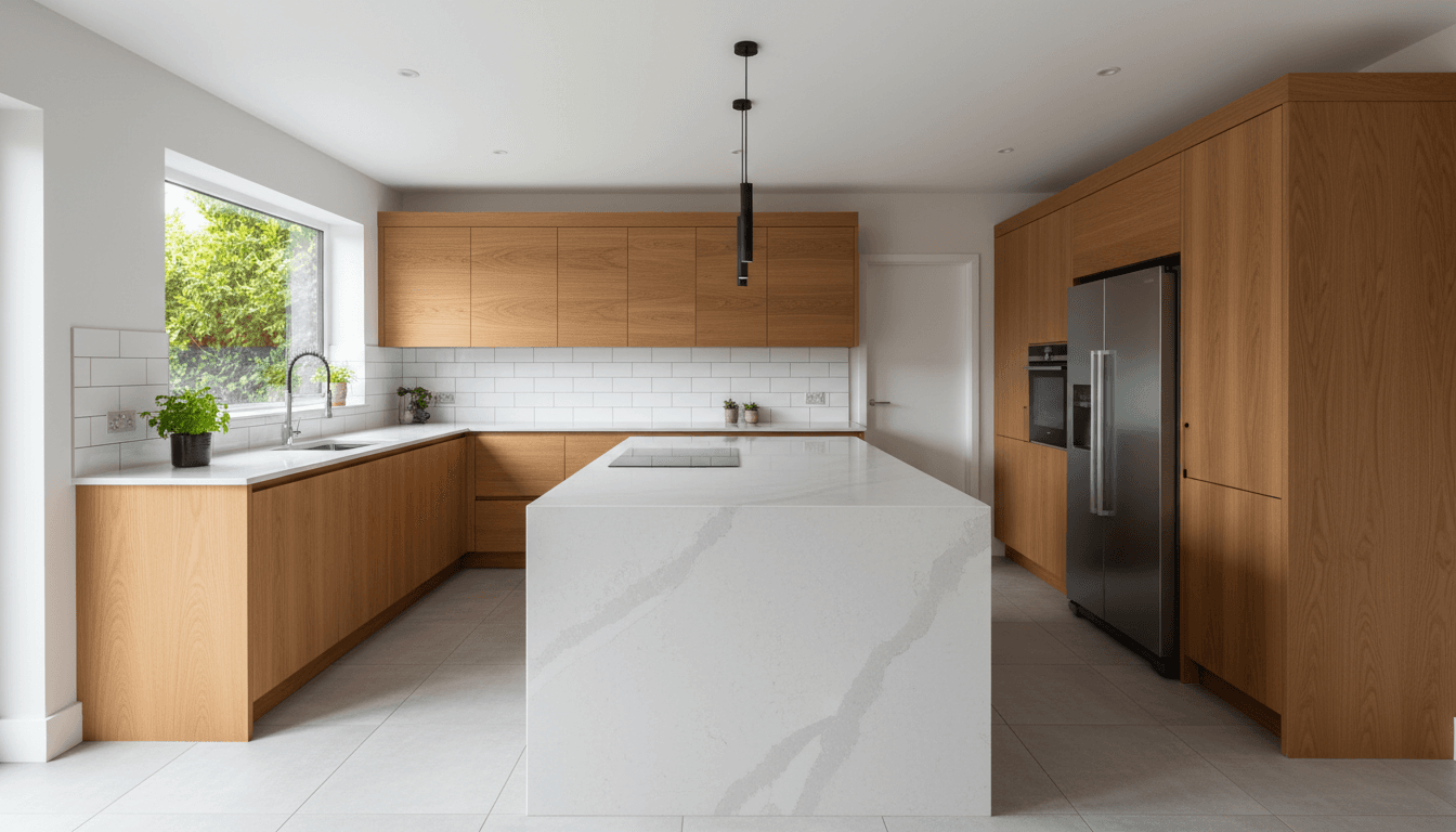 Modern renovated kitchen with wooden cabinets and stone countertop