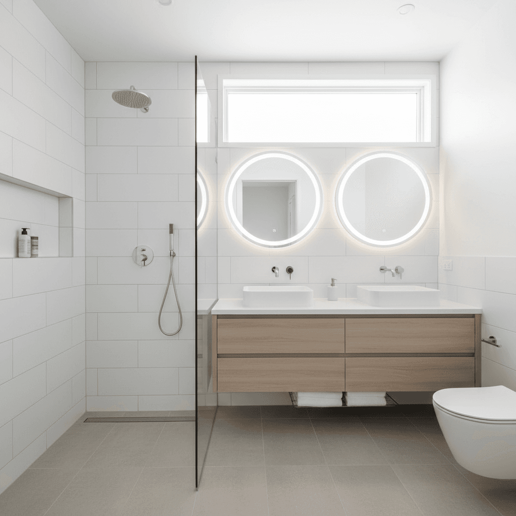 Modern renovated bathroom with walk-in shower and white tiles