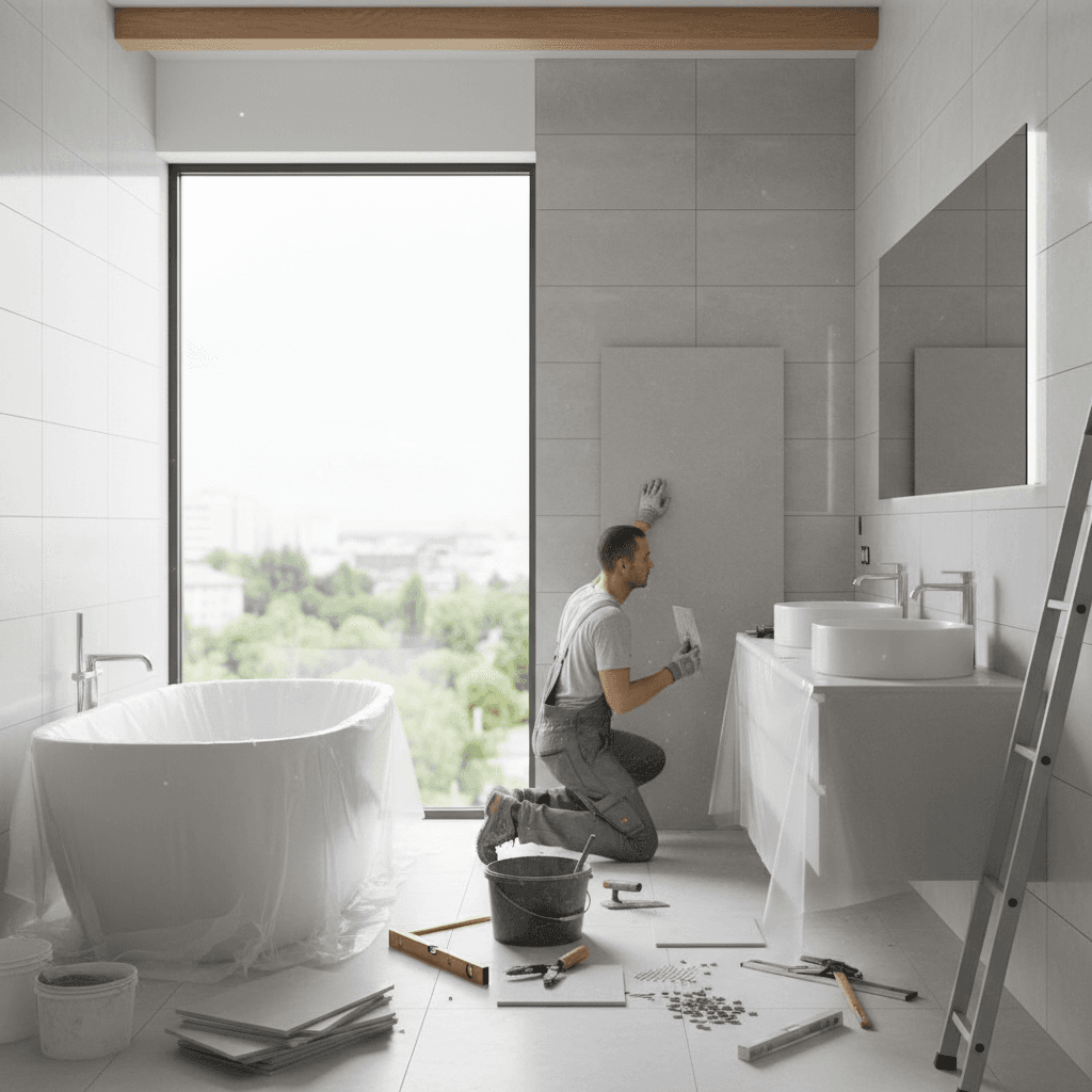 Tiler installing ceramic tiles during a bathroom renovation, bright modern space