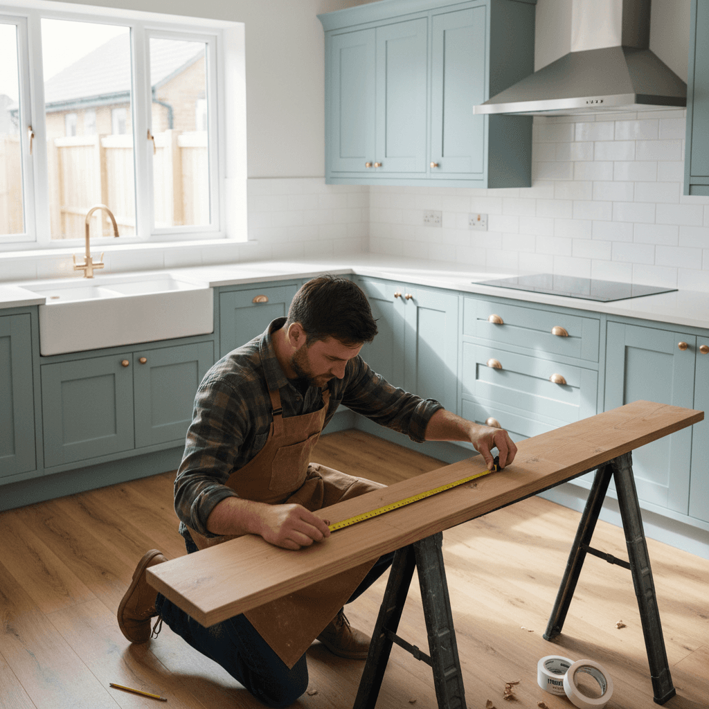 Carpenter measuring timber during a kitchen renovation, new cabinetry visible
