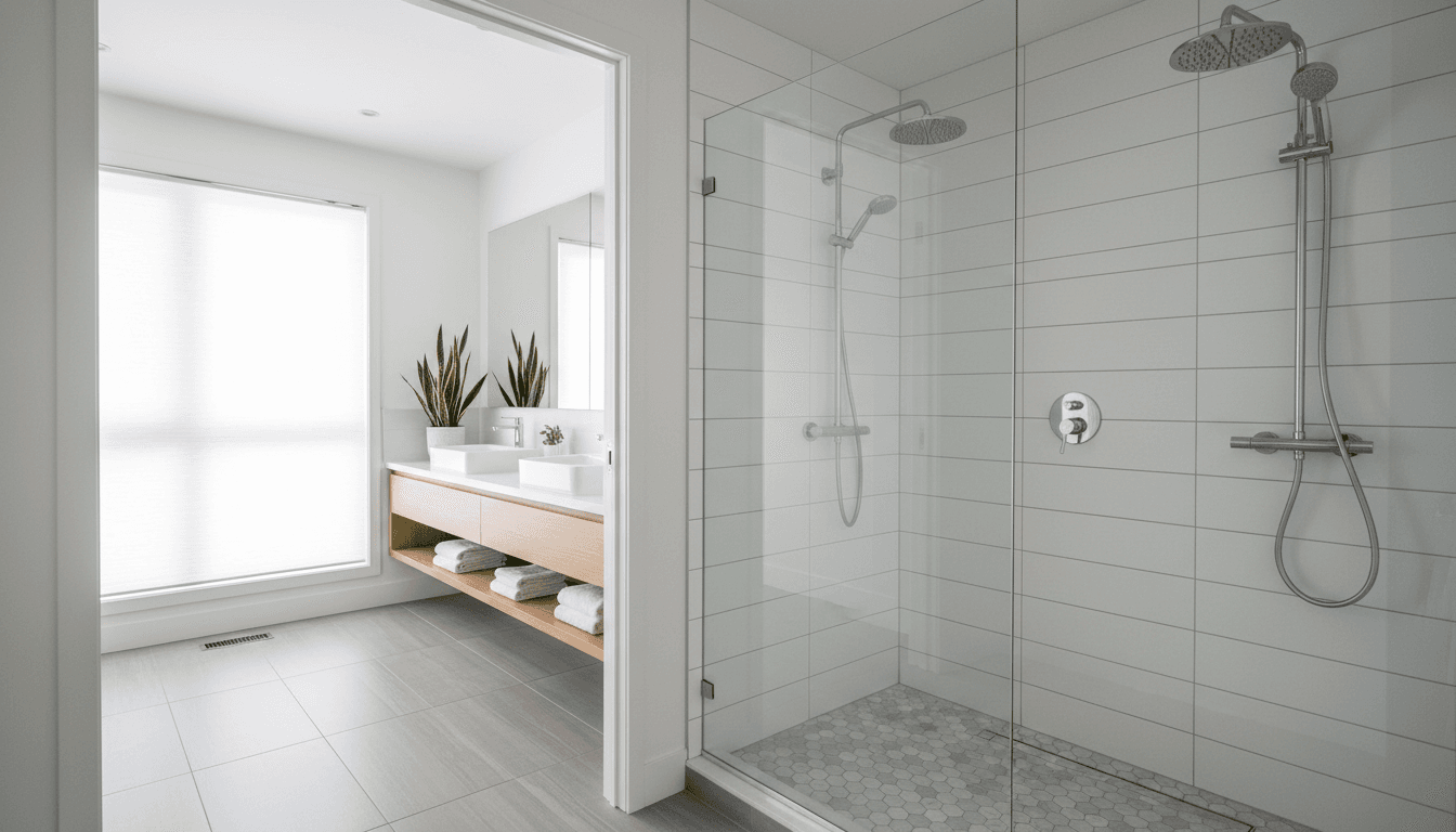 Modern renovated bathroom with walk-in shower and elegant tiles