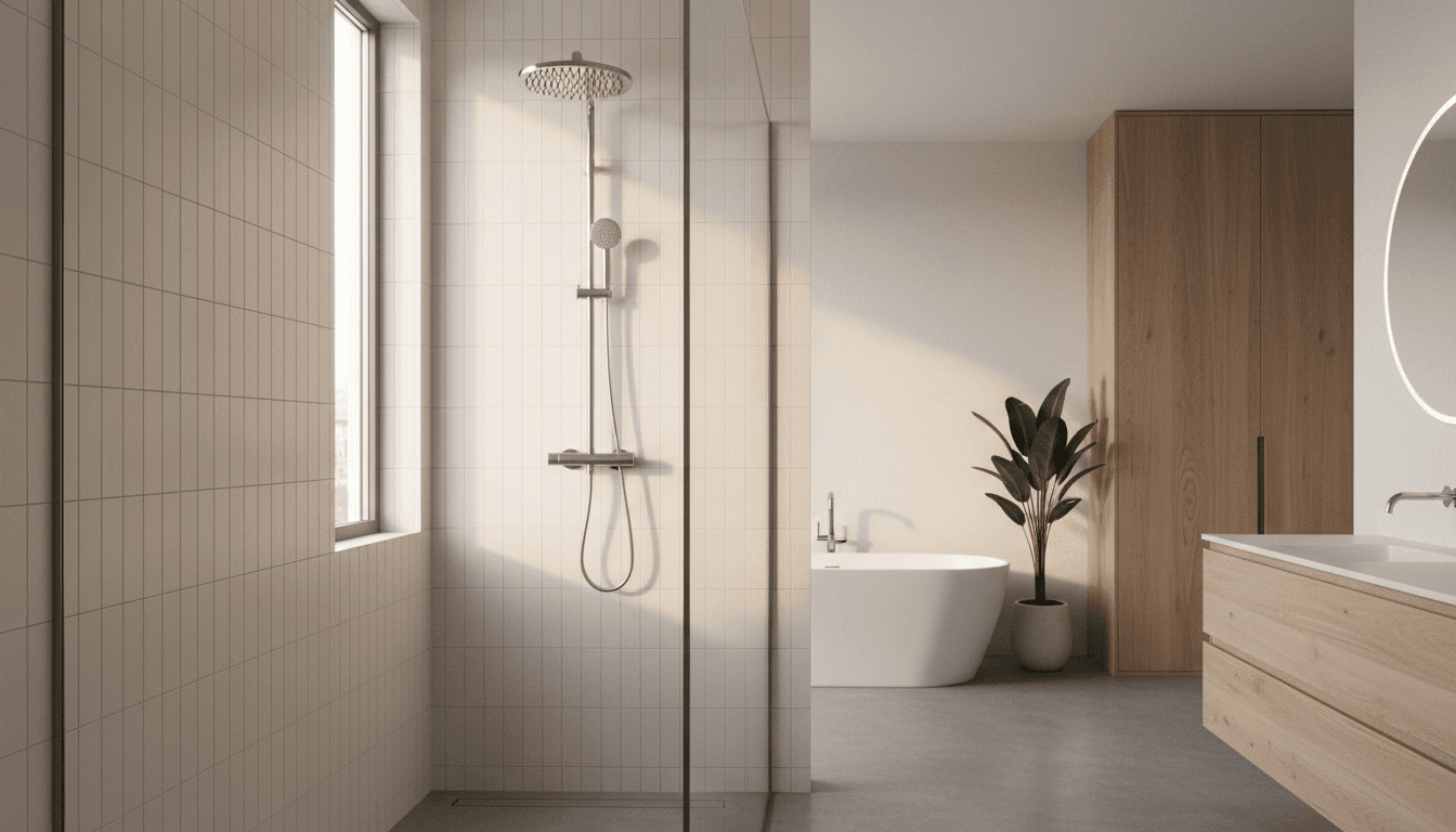 Shower niche with tiled shelves and rainfall showerhead