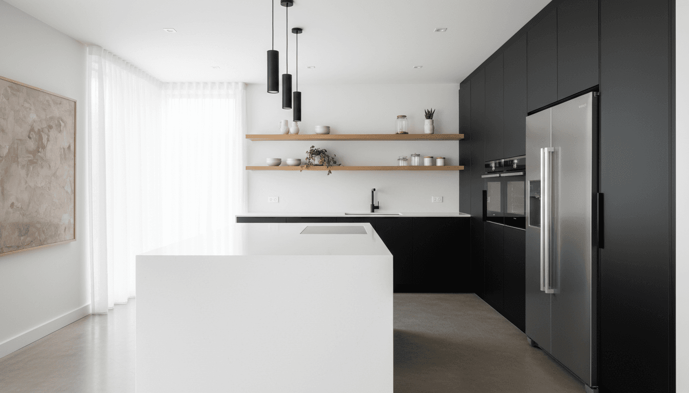 Renovated kitchen with white shaker cabinets, a stone benchtop, pendant lighting, and a tiled splashback that runs to the ceiling