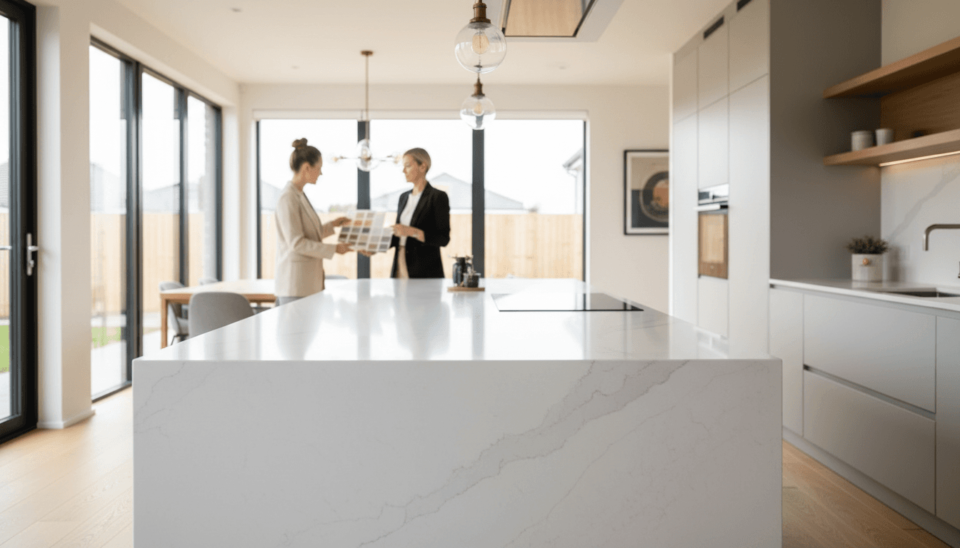 Kitchen island with waterfall edge