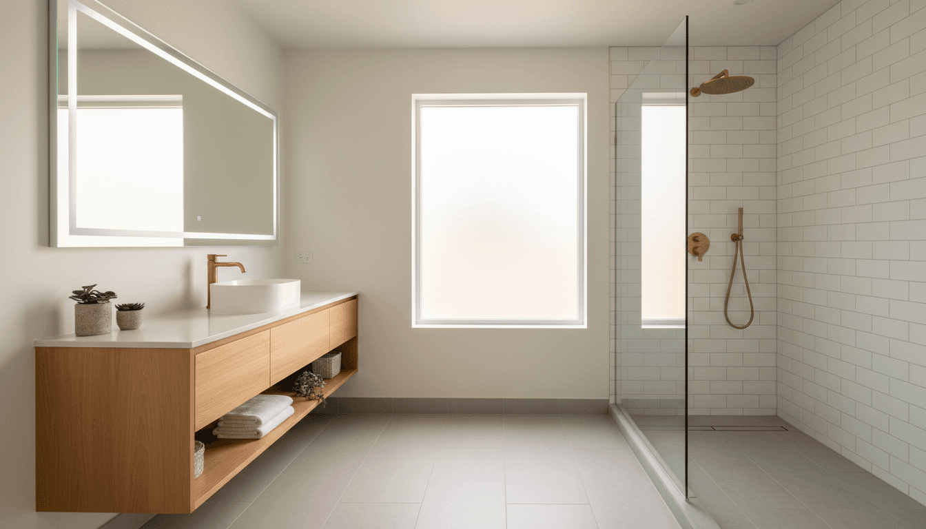 Compact bathroom with floating vanity and wall-mounted toilet