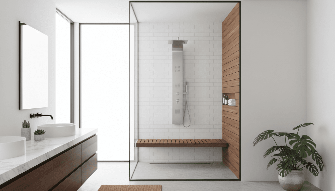 Modern renovated bathroom with walk-in shower and natural light
