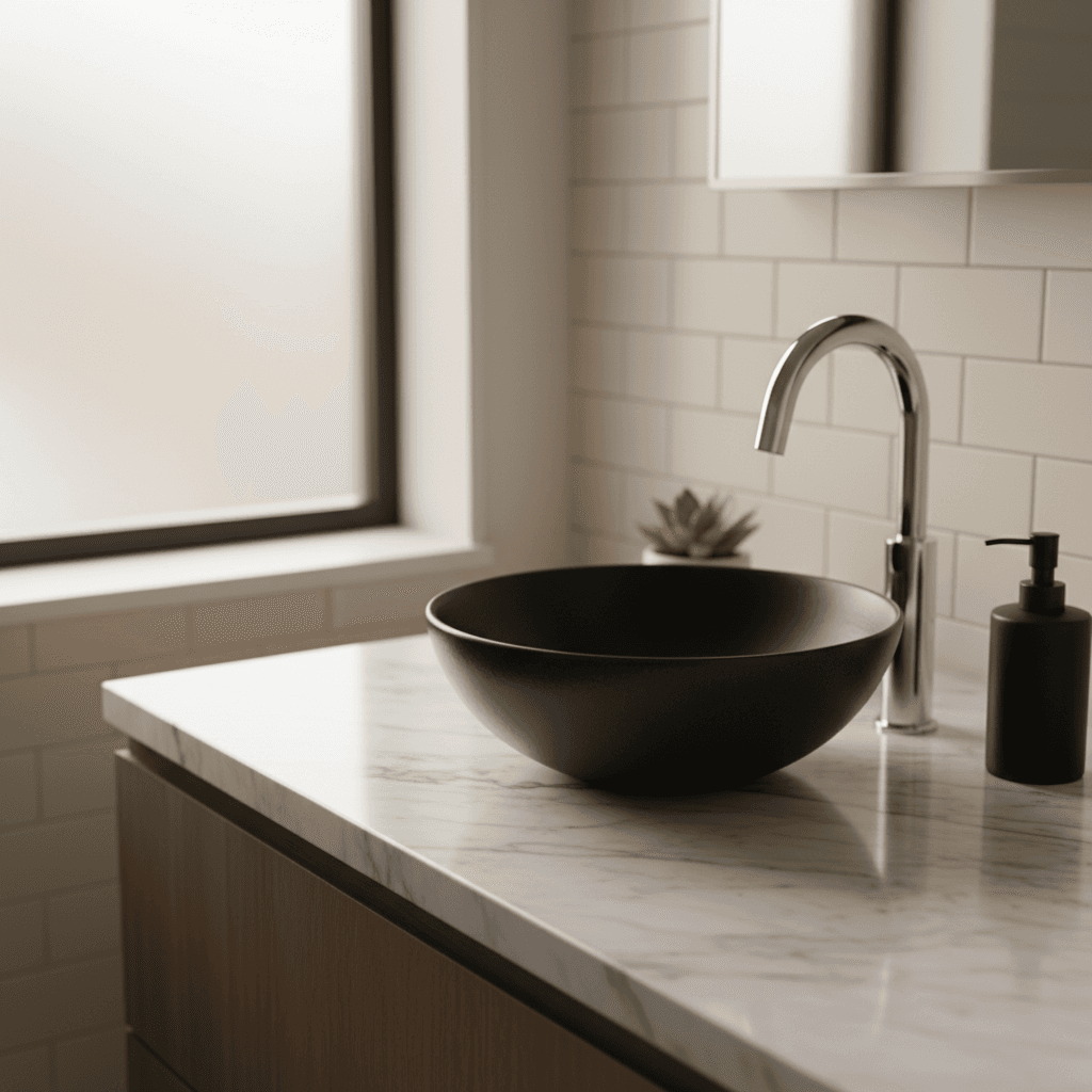 Double vanity with stone countertop and backlit mirror