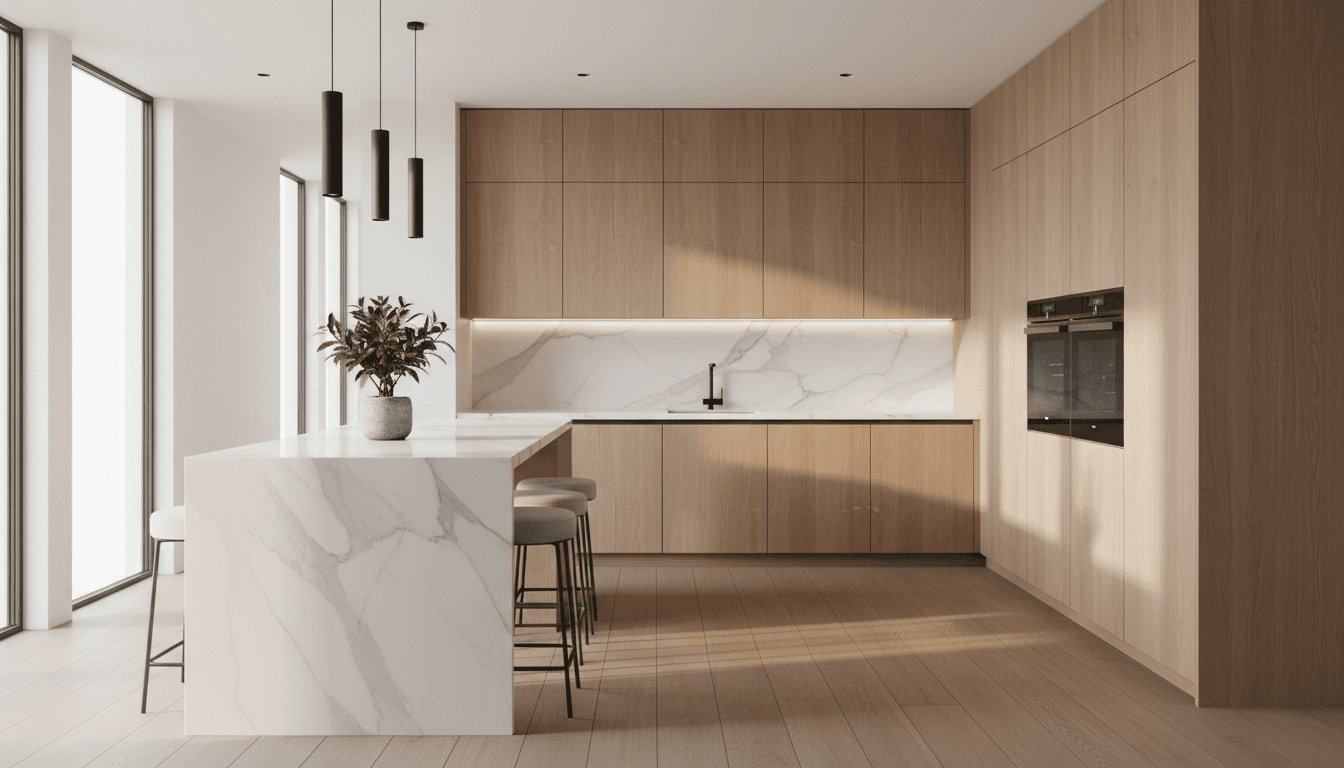 Modern kitchen renovation with island countertop and pendant lighting