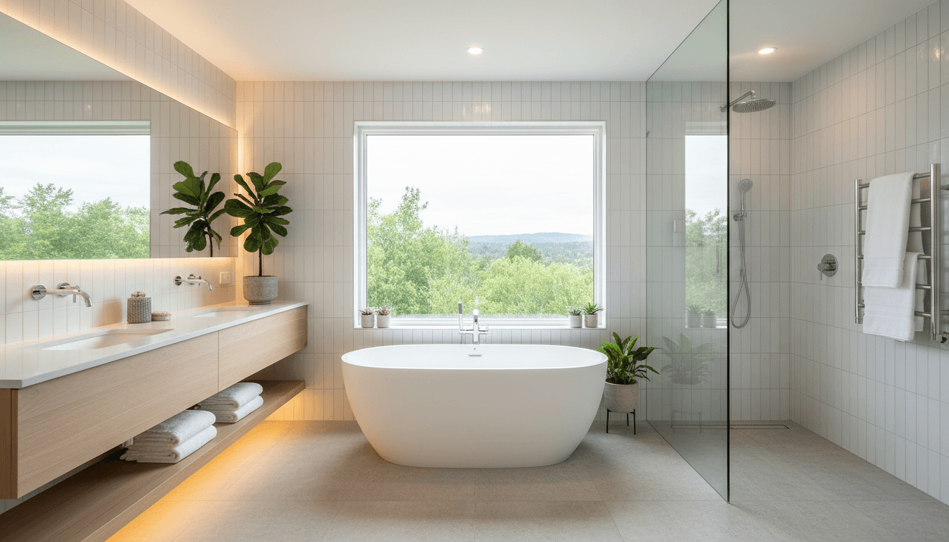 Modern renovated bathroom with walk-in shower and freestanding bathtub