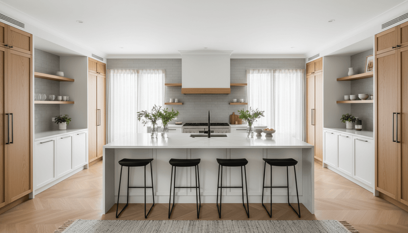 Modern renovated kitchen with white cabinets and wooden countertop